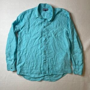 Vilebrequin Mens Linen Shirt Long Sleeve Button Down Turquoise‎ Turtle Logo L